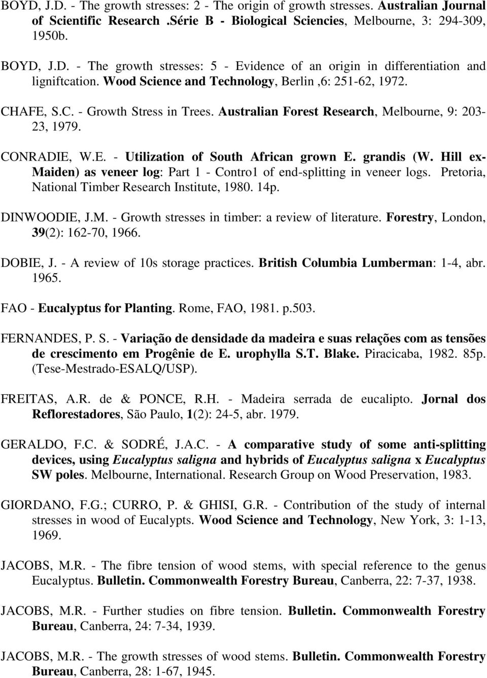 grandis (W. Hill ex- Maiden) as veneer log: Part 1 - Contro1 of end-splitting in veneer logs. Pretoria, National Timber Research Institute, 1980. 14p. DINWOODIE, J.M. - Growth stresses in timber: a review of literature.