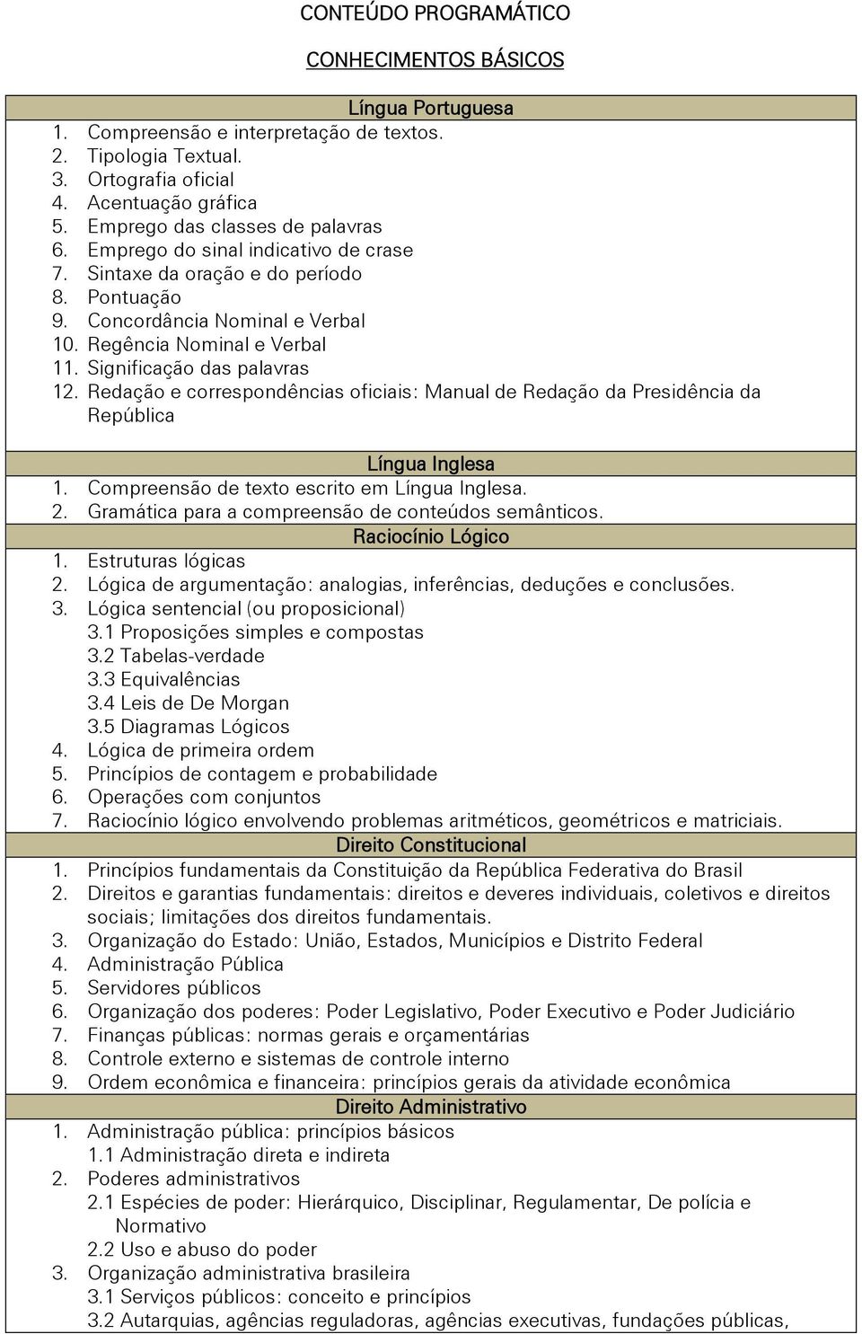 Significação das palavras 12. Redação e correspondências oficiais: Manual de Redação da Presidência da República Língua Inglesa 1. Compreensão de texto escrito em Língua Inglesa. 2.