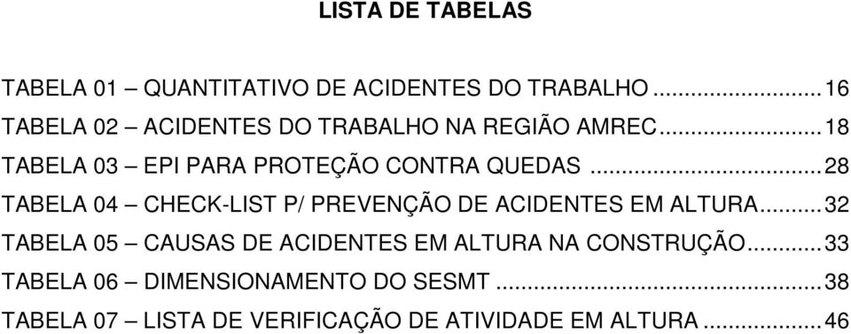 .. 18 TABELA 03 EPI PARA PROTEÇÃO CONTRA QUEDAS.