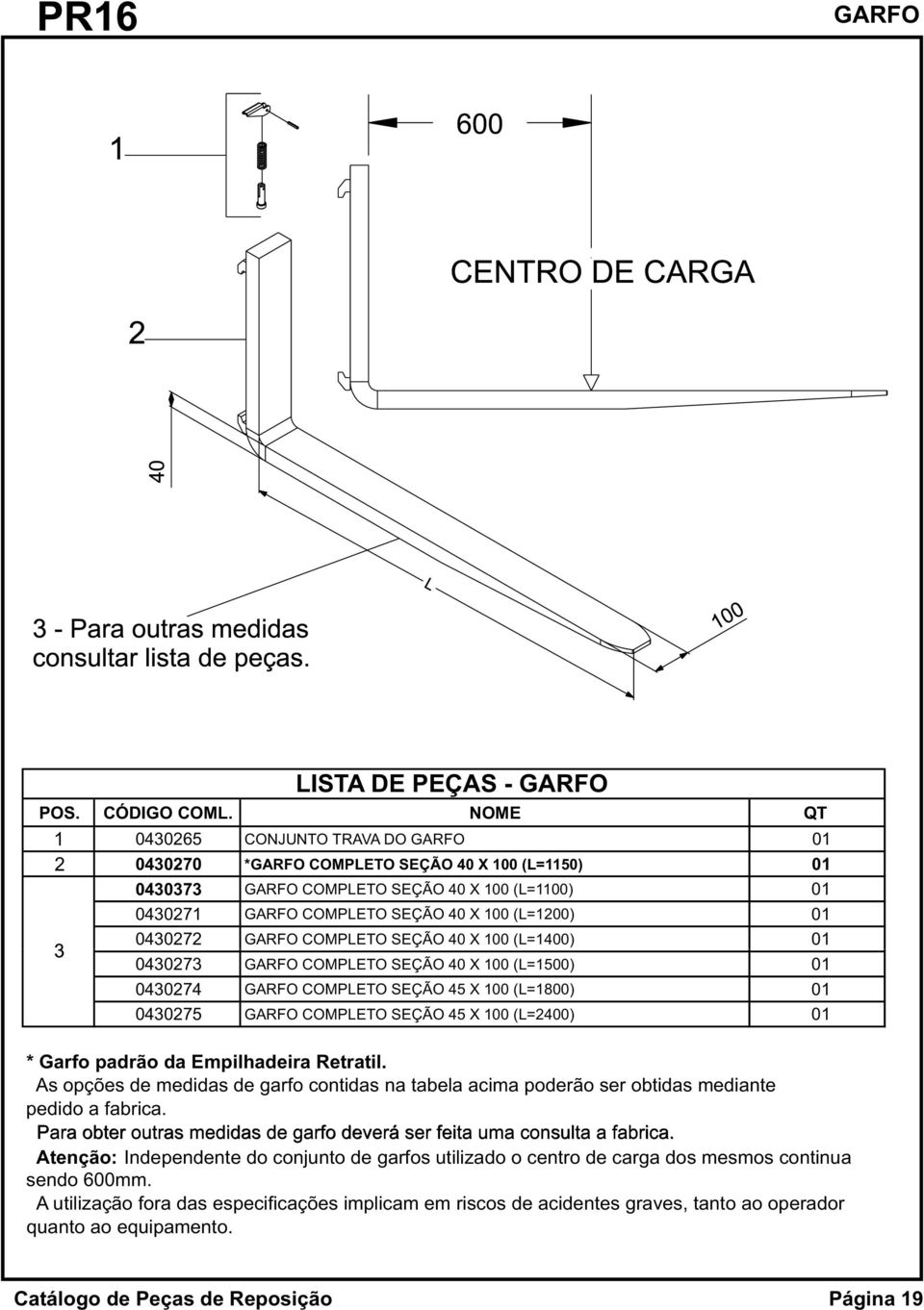 SEÇÃO 45 X 100 (L=2400) 01 * Garfo padrão da Empilhadeira Retratil. As opções de medidas de garfo contidas na tabela acima poderão ser obtidas mediante pedido a fabrica.