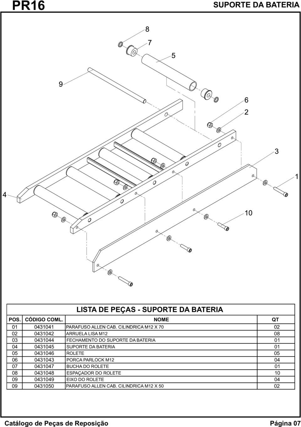 SUPORTE DA BATERIA 01 05 0431046 ROLETE 05 06 0431043 PORCA PARLOCK M12 04 07 0431047 BUCHA DO ROLETE 01 08