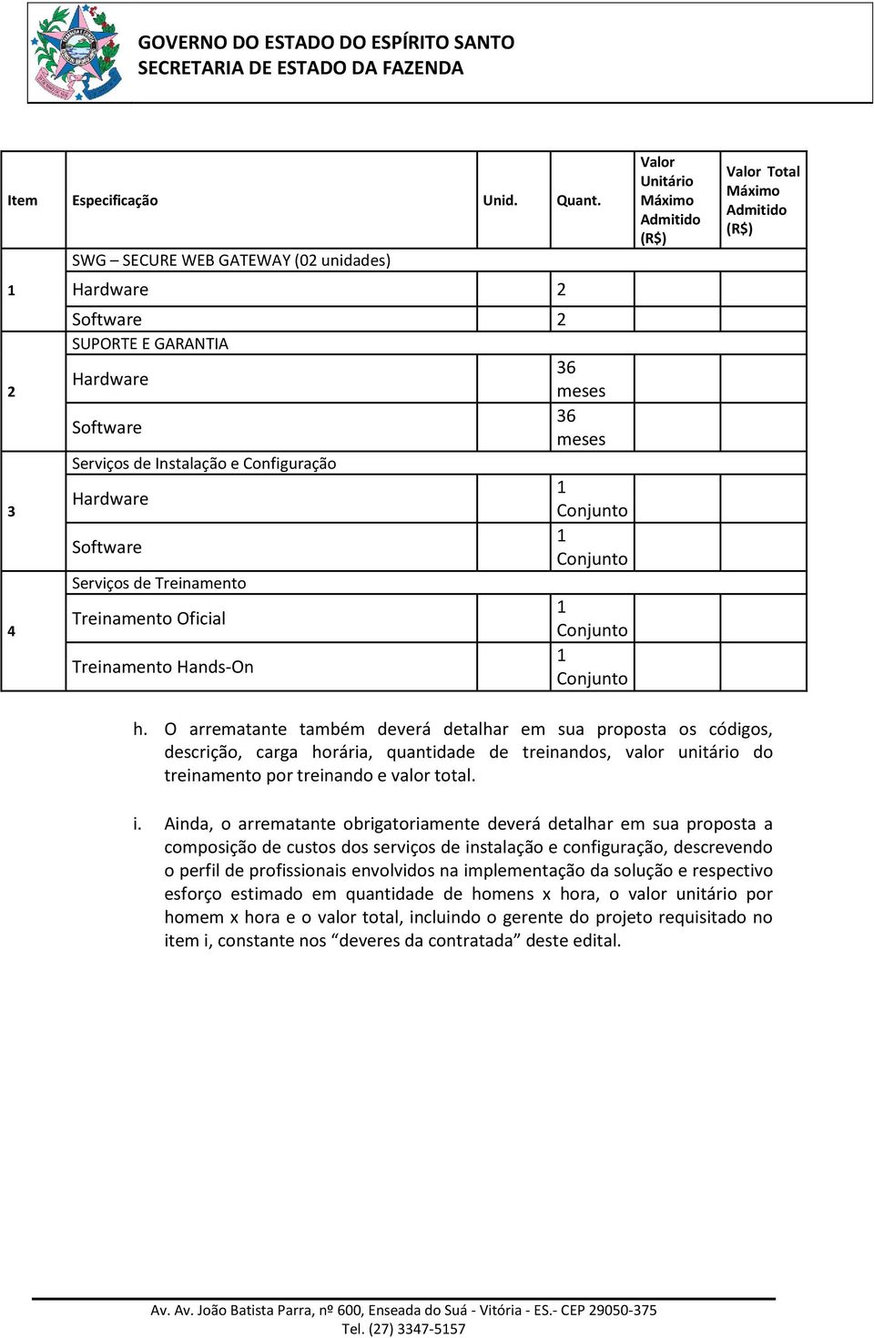 Serviços de Treinamento Treinamento Oficial 1 Conjunto Treinamento Hands-On 1 Conjunto Valor Unitário Máximo Admitido (R$) Valor Total Máximo Admitido (R$) h.