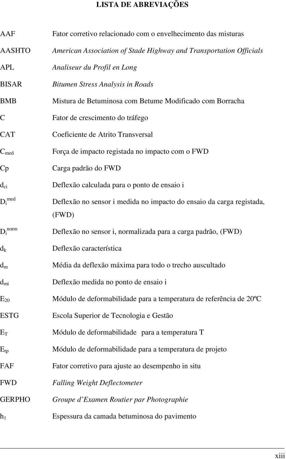 Transversal Força de impacto registada no impacto com o FWD Carga padrão do FWD Deflexão calculada para o ponto de ensaio i Deflexão no sensor i medida no impacto do ensaio da carga registada, (FWD)