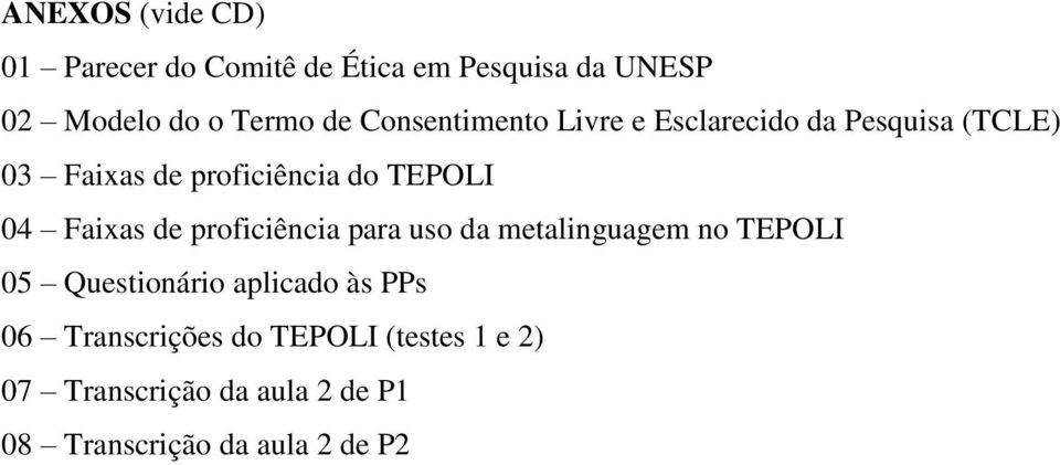 Faixas de proficiência para uso da metalinguagem no TEPOLI 05 Questionário aplicado às PPs 06