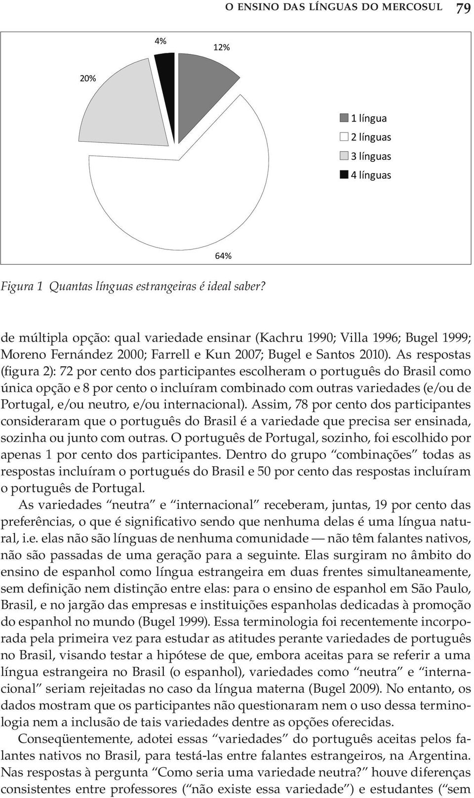 As respostas (figura 2): 72 por cento dos participantes escolheram o português do Brasil como única opção e 8 por cento o incluíram combinado com outras variedades (e/ou de Portugal, e/ou neutro,