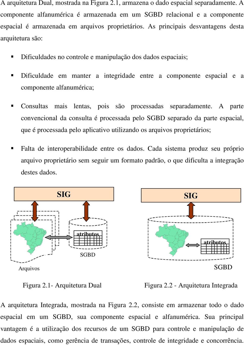 As principais desvantagens desta arquitetura são: Dificuldades no controle e manipulação dos dados espaciais; Dificuldade em manter a integridade entre a componente espacial e a componente