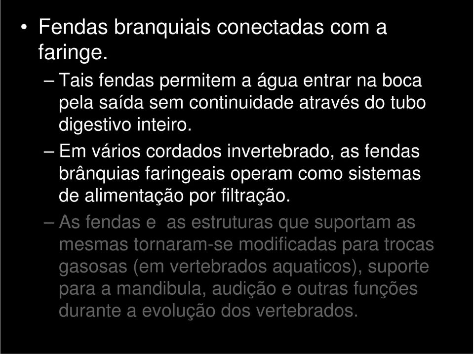 Em vários cordados invertebrado, as fendas brânquias faringeais operam como sistemas de alimentação por filtração.