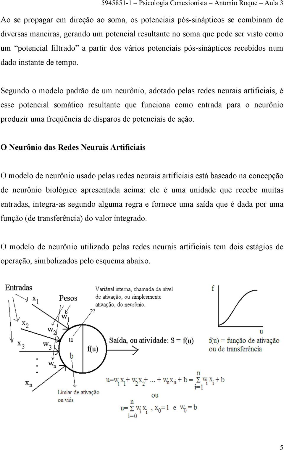 Segundo o modelo padrão de um neurônio, adotado pelas redes neurais artificiais, é esse potencial somático resultante que funciona como entrada para o neurônio produzir uma freqüência de disparos de