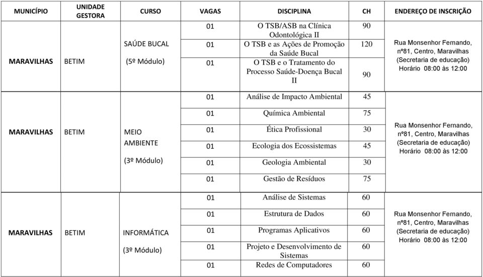 Profissional 30 Ecologia dos Ecossistemas 45 Geologia Ambiental 30 Gestão de Resíduos 75 Análise de Sistemas Estrutura de Dados Programas Aplicativos Projeto e Desenvolvimento de Sistemas