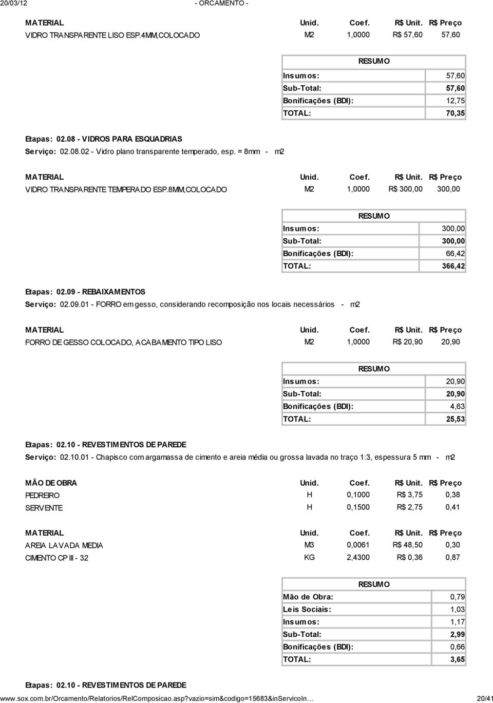 09.01 - FORRO em gesso, considerando recomposição nos locais necessários - m2 FORRO DE GESSO COLOCADO, ACABAMENTO TIPO LISO M2 1,0000 R$ 20,90 20,90 Insumos: 20,90 Sub-Total: 20,90 Bonificações