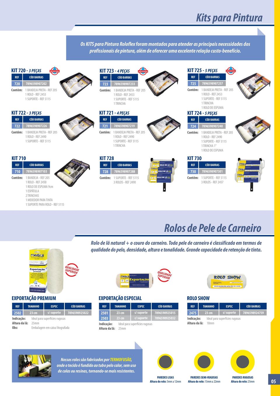 7896598907202 723 7896598907233 725 Contêm: 1 BANDEJA PRETA - 205 1 ROLO - 2453 1 SUPORTE - 5115 710 CÓD BARRAS 7896598907103 Contêm: 1 BANDEJA - 205 1 ROLO - 2450 1 ROLO DE ESPUMA 9cm 1 ESPÁTULA 2