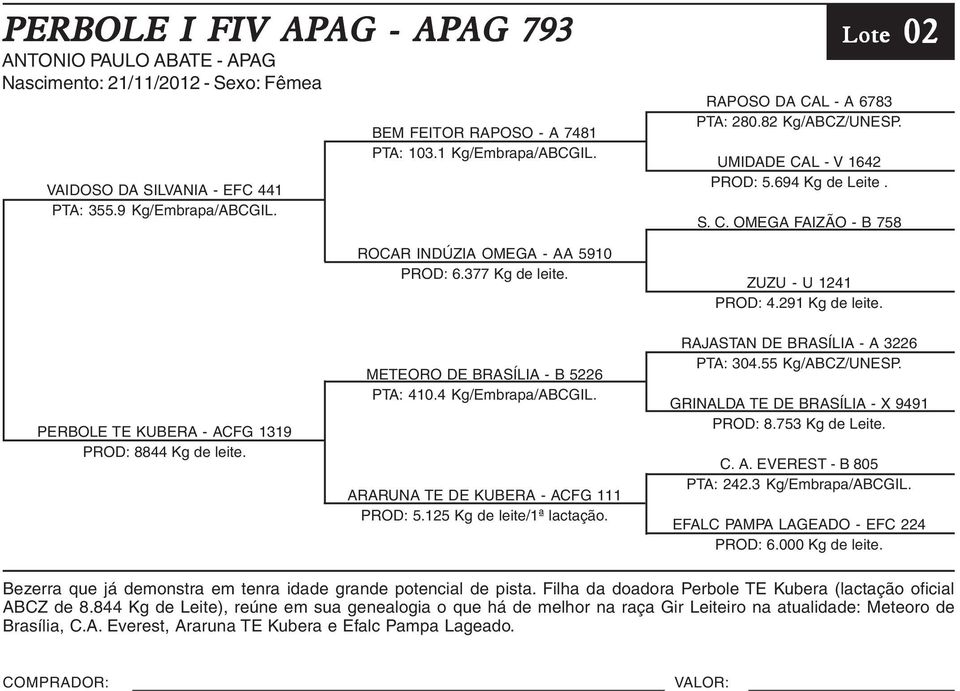 291 Kg de leite. 02 Lote 02 PERBOLE TE KUBERA - ACFG 1319 PROD: 8844 Kg de leite. METEORO DE BRASÍLIA - B 5226 PTA: 410.4 Kg/Embrapa/ABCGIL. ARARUNA TE DE KUBERA - ACFG 111 PROD: 5.