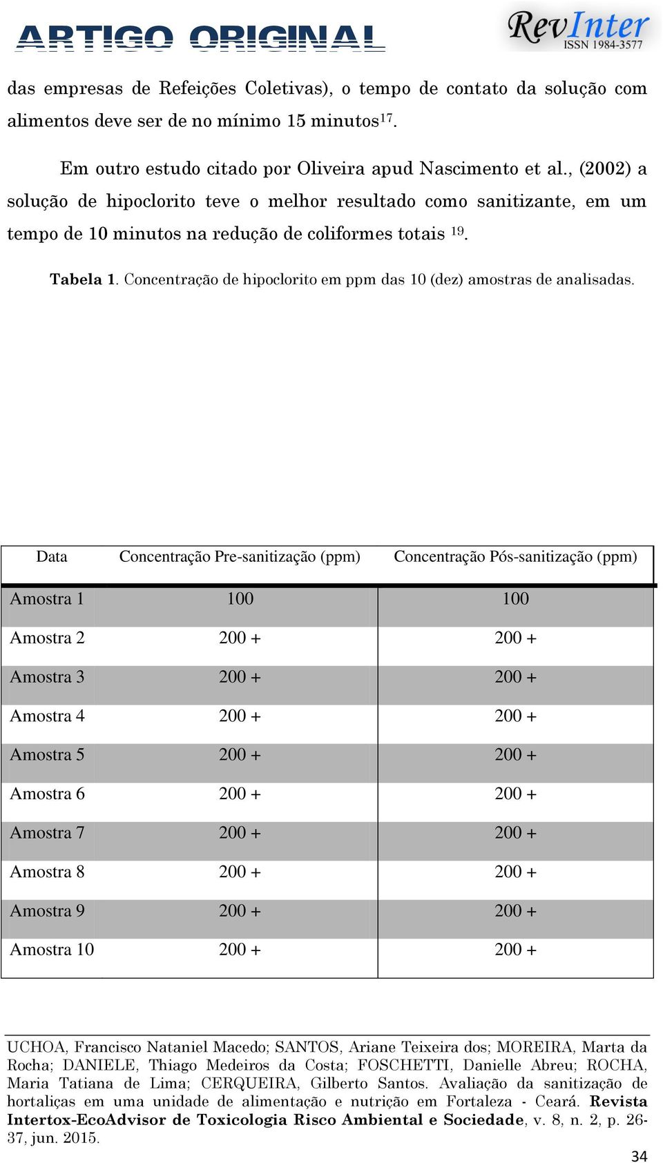 , (2002) a solução de hipoclorito teve o melhor resultado como sanitizante, em um tempo de 10 minutos na redução de coliformes totais 19. Tabela 1.