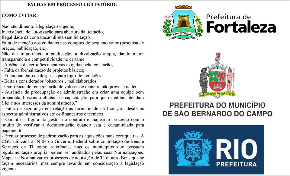 certame; - Ausência de certidões negativas exigidas pela legislação; - Falta da formalização de projetos básicos; - Fracionamento de despesas para fugir de licitações; - Editais considerados