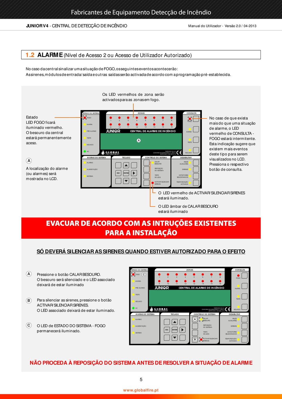 activada de acordo com a programação pré-establecida. Os LED vermelhos de zona serão activados para as zonas em fogo. Estado LED ficará iluminado vermelho.