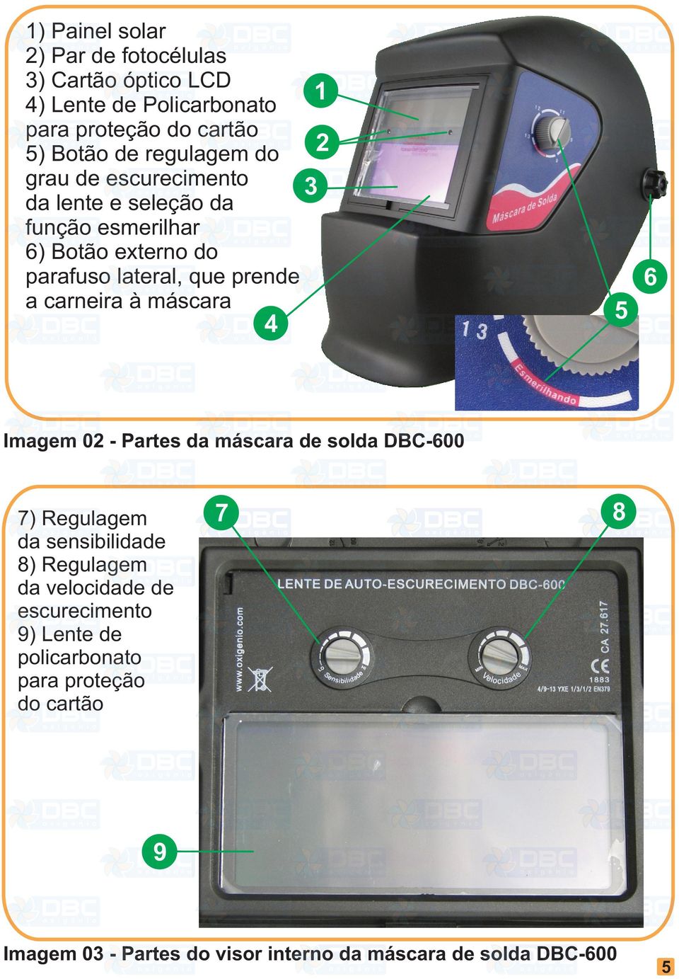 a carneira à máscara Imagem 02 - Partes da máscara de solda DBC-00 ) Regulagem da sensibilidade 8) Regulagem da velocidade de