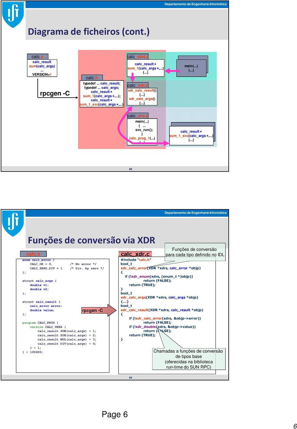 ..) {... calc_result sum_1_svc(calc_args,...) {... 48 Funções de conversão via XDR calc.x enum calc_error { CALC_OK = 0, /* No error */ CALC_ZERO_DIV = 1 /* Div.