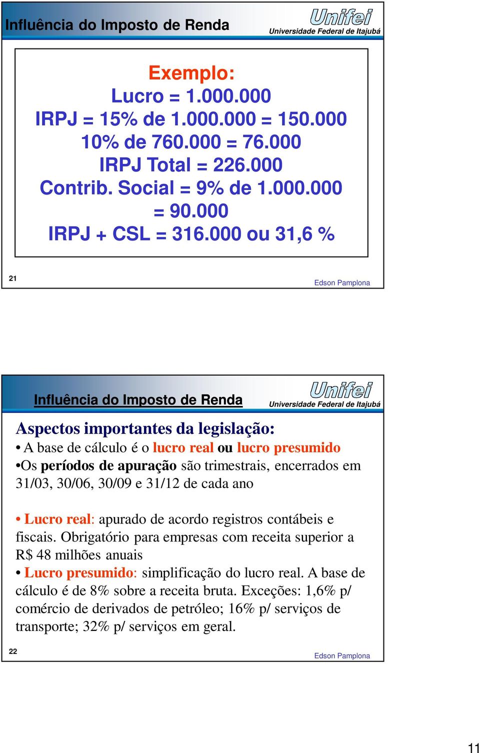 000 ou 31,6 % 21 Influência do Imposto de Renda Aspectos importantes da legislação: A base de cálculo é o lucro real ou lucro presumido Os períodos de apuração são trimestrais, encerrados em