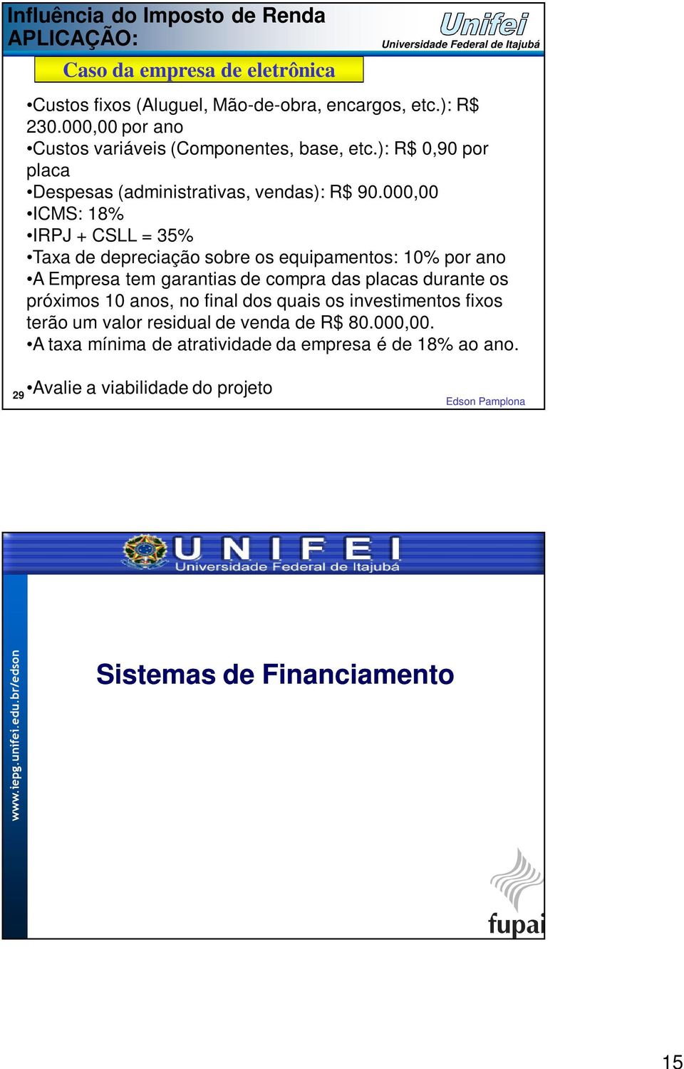 000,00 ICMS: 18% IRPJ + CSLL = 35% Taxa de depreciação sobre os equipamentos: 10% por ano A Empresa tem garantias de compra das placas durante os próximos 10 anos,