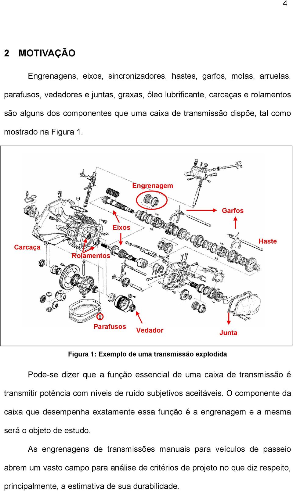 Engrenagem Eixos Garfos Carcaça Rolamentos Haste Parafusos Vedador Junta Figura 1: Exemplo de uma transmissão explodida Pode-se dizer que a função essencial de uma caixa de transmissão é transmitir