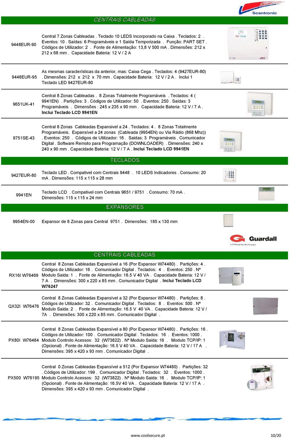 Teclados: 4 (9427EUR-80). Dimensões: 212 x 212 x 70 mm. Capacidade Bateria: 12 V / 2 A. Inclui 1 Teclado LED 9427EUR-80 9651UK-41 Central 8 Zonas Cableadas. 8 Zonas Totalmente Programáveis.