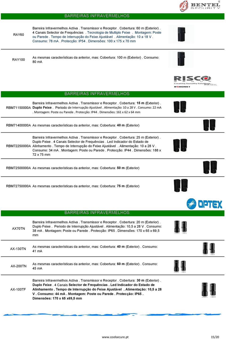 Dimensões: 100 x 175 x 70 mm RAY100 As mesmas características da anterior, mas: Cobertura: 100 m (Exterior). Consumo: 80 ma RBM71150000A BARREIRAS INFRAVERMELHOS Barreira Infravermelhos Activa.