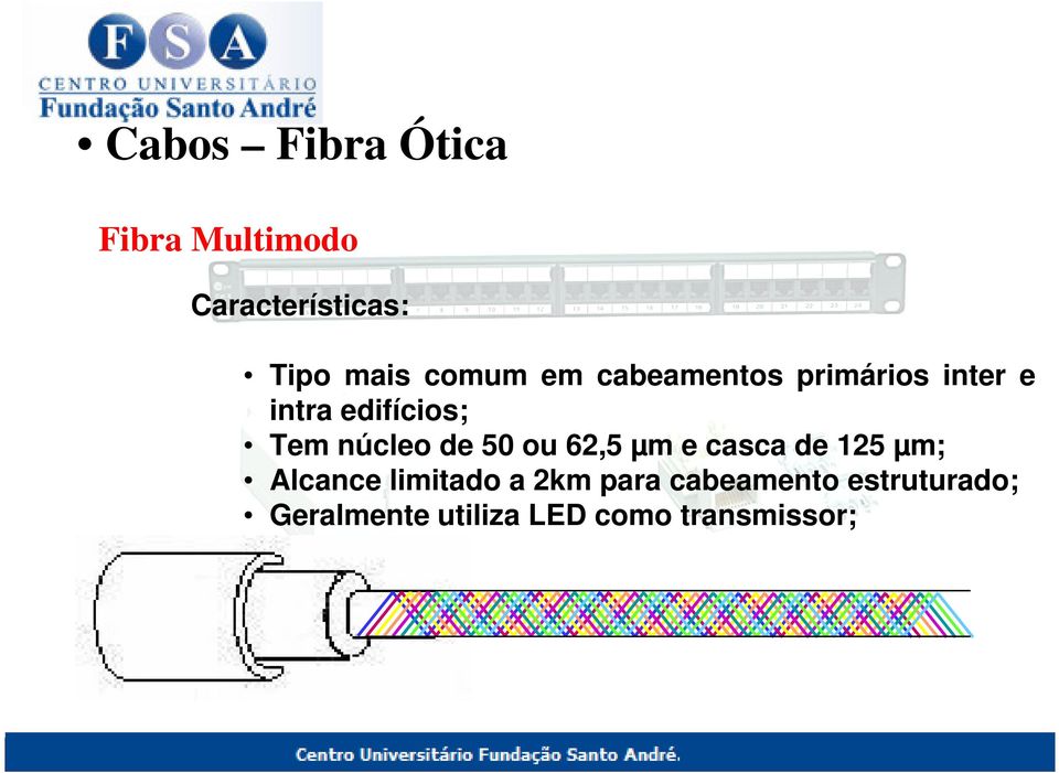 núcleo de 50 ou 62,5 µm e casca de 125 µm; Alcance limitado a