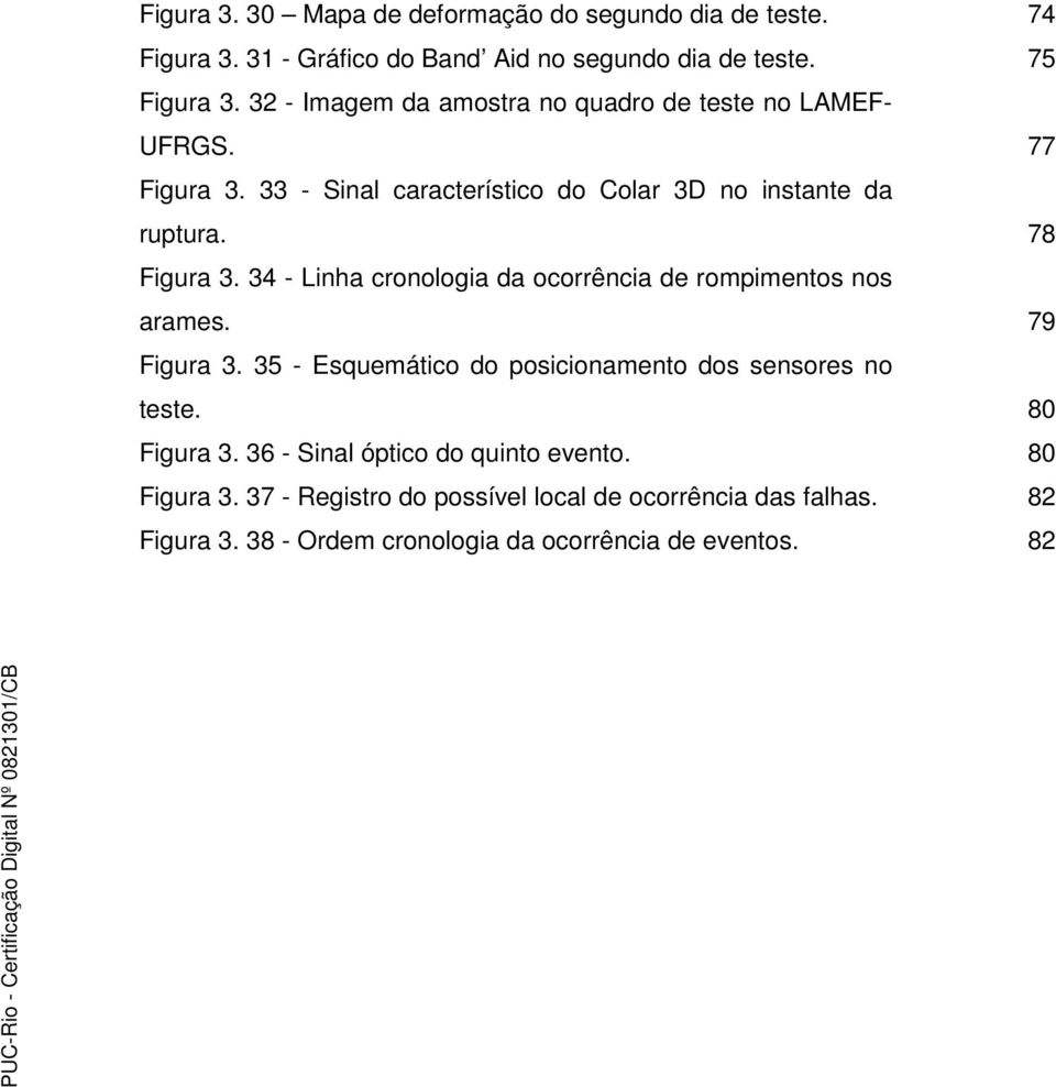 34 - Linha cronologia da ocorrência de rompimentos nos arames. 79 Figura 3. 35 - Esquemático do posicionamento dos sensores no teste. 80 Figura 3.