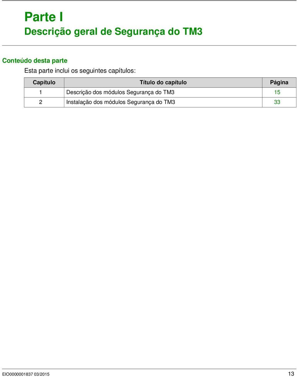 parte inclui os seguintes capítulos: Capítulo Título do capítulo Página 1 Descrição dos