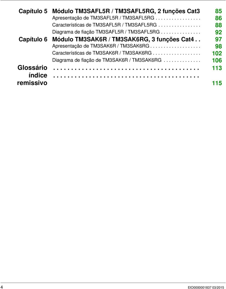 . 97 Apresentação de TM3SAK6R / TM3SAK6RG................... 98 Características de TM3SAK6R / TM3SAK6RG.................. 102 Diagrama de fiação de TM3SAK6R / TM3SAK6RG.