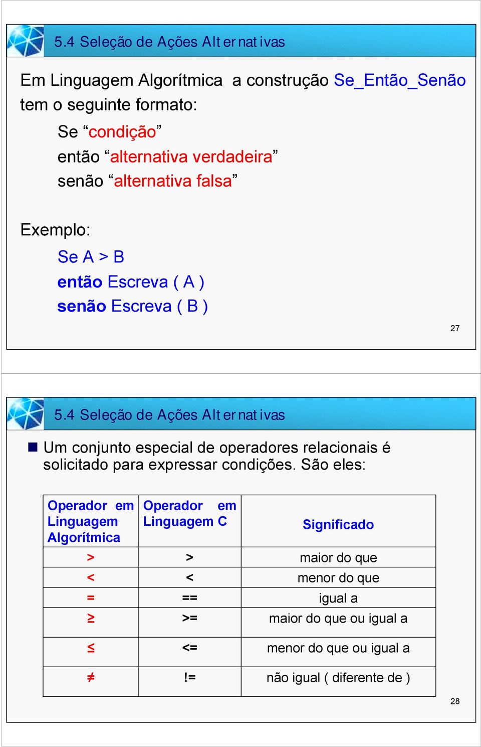 Um conjunto especial de operadores relacionais é solicitado para expressar condições.