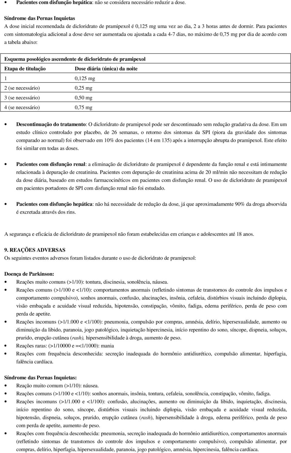 Para pacientes com sintomatologia adicional a dose deve ser aumentada ou ajustada a cada 4-7 dias, no máximo de 0,75 mg por dia de acordo com a tabela abaixo: Esquema posológico ascendente de