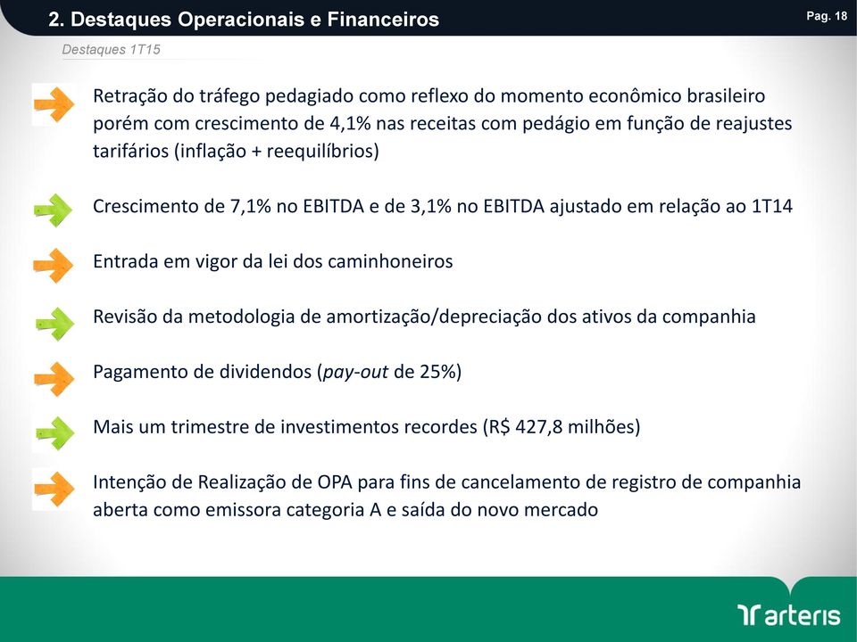 tarifários (inflação + reequilíbrios) Crescimento de 7,1% no EBITDA e de 3,1% no EBITDA ajustado em relação ao 1T14 Entrada em vigor da lei dos caminhoneiros Revisão da