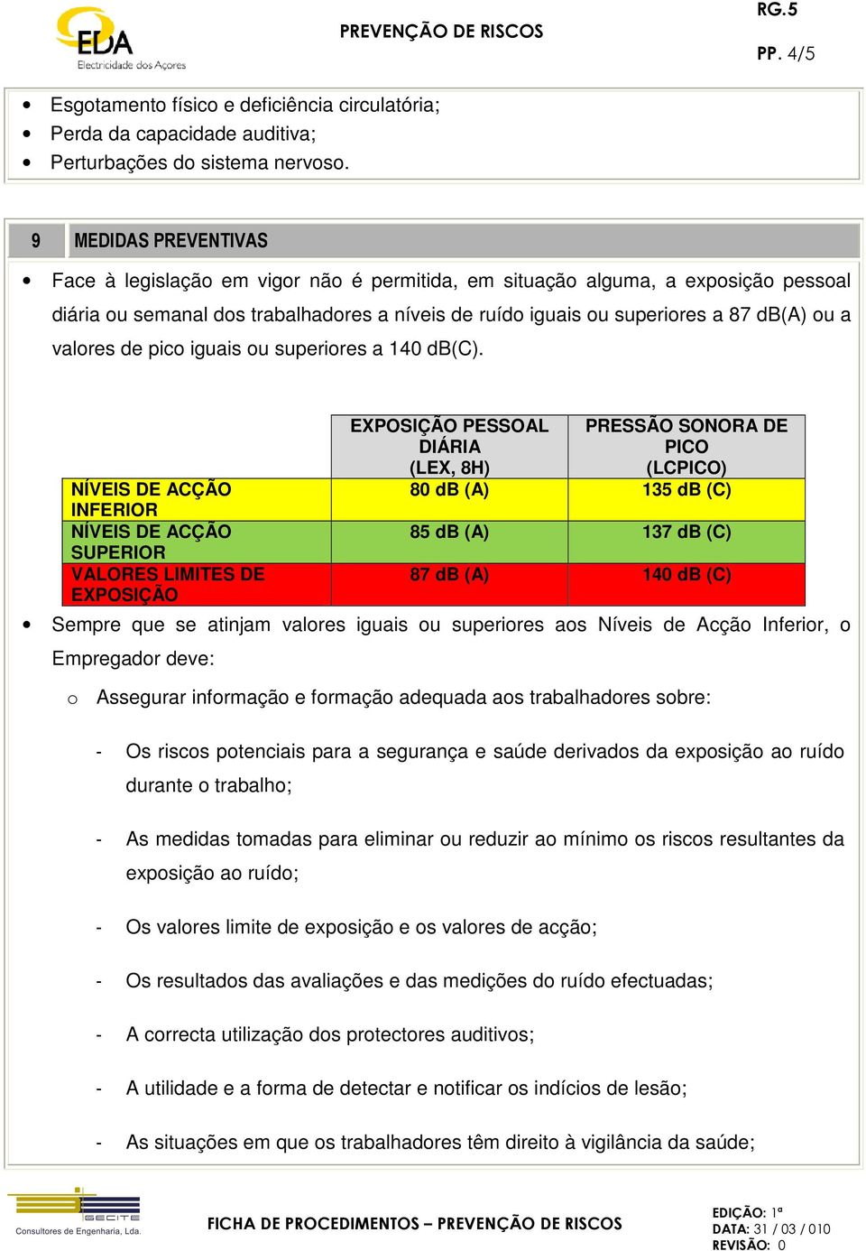 valores de pico iguais ou superiores a 140 db(c).