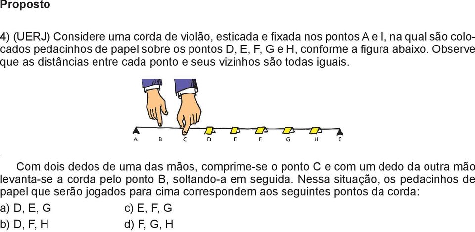 Com dois dedos de uma das mãos, comprime-se o ponto C e com um dedo da outra mão levanta-se a corda pelo ponto B, soltando-a em seguida.