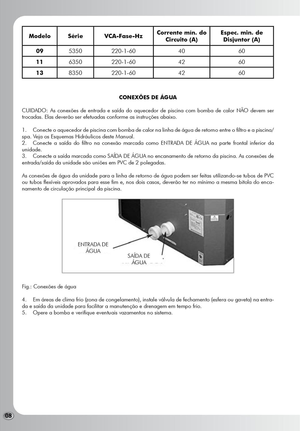 trocadas. Elas deverão ser efetuadas conforme as instruções abaixo. 1. Conecte o aquecedor de piscina com bomba de calor na linha de água de retorno entre o filtro e a piscina/ spa.