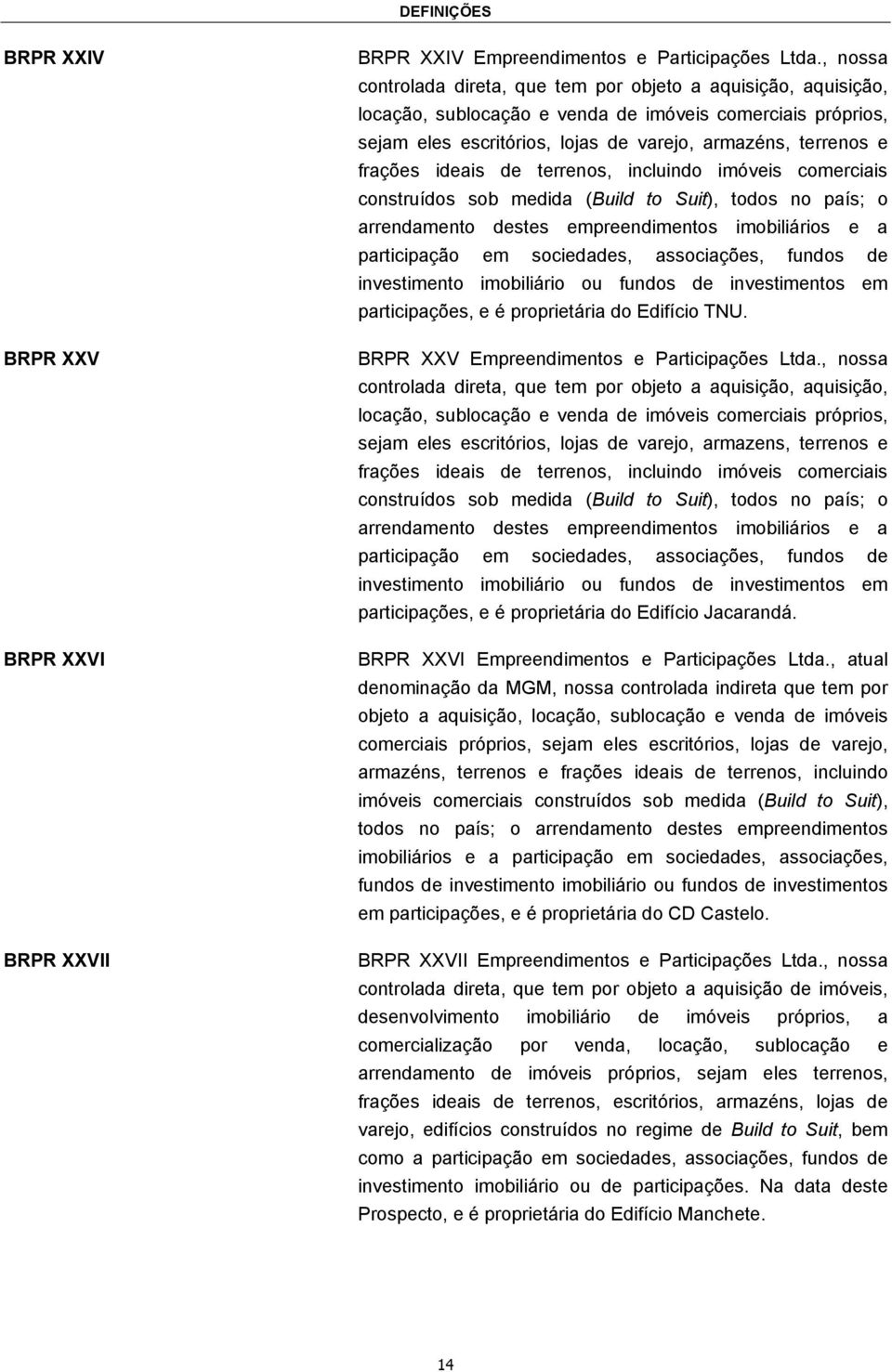 ideais de terrenos, incluindo imóveis comerciais construídos sob medida (Build to Suit), todos no país; o arrendamento destes empreendimentos imobiliários e a participação em sociedades, associações,