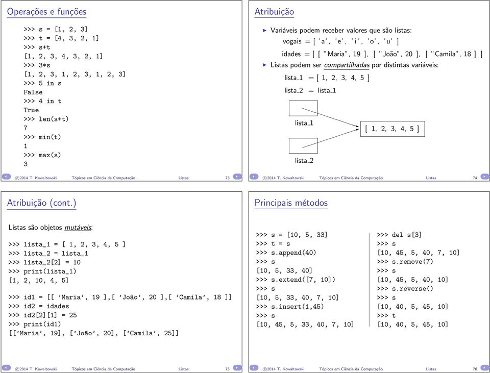 lista 1 = [ 1, 2, 3, 4, 5 ] lista 2 = lista 1 lista 1 [ 1, 2, 3, 4, 5 ] lista 2 c 2014 T. Kowaltowski Tópicos em Ciência da Computação Listas 73 c 2014 T.