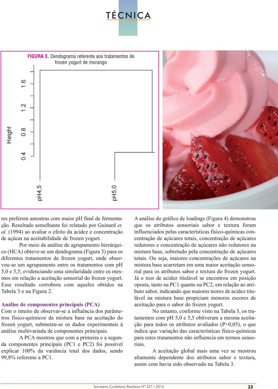 Por meio da análise de agrupamento hierárquico (HCA) obteve-se um dendograma (Figura 3) para os diferentes tratamentos de frozen yogurt, onde observou-se um agrupamento entre os tratamentos com ph