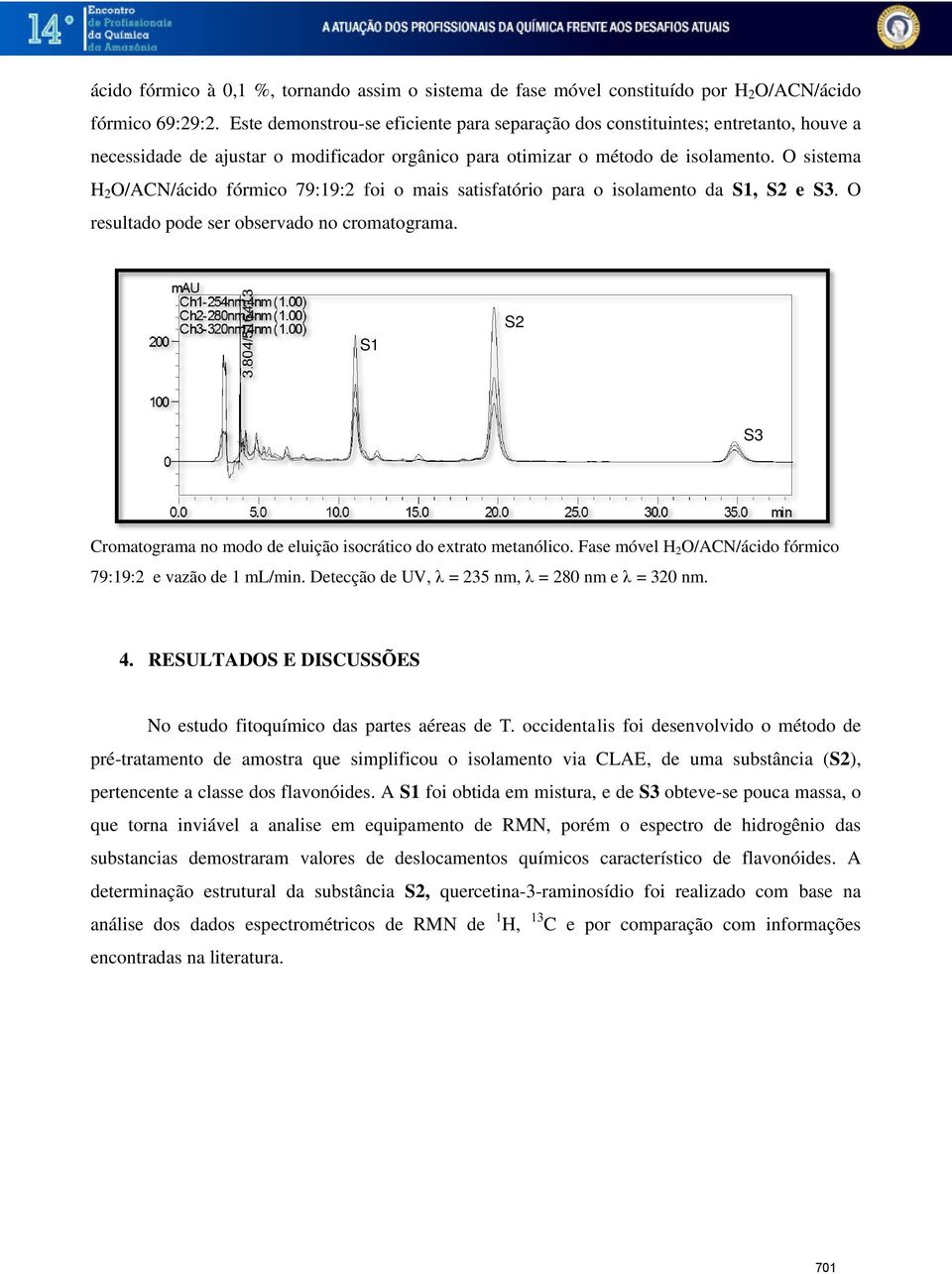 sistema H 2 /ACN/ácido fórmico 79:19:2 foi o mais satisfatório para o isolamento da S1, S2 e S3. resultado pode ser observado no cromatograma.