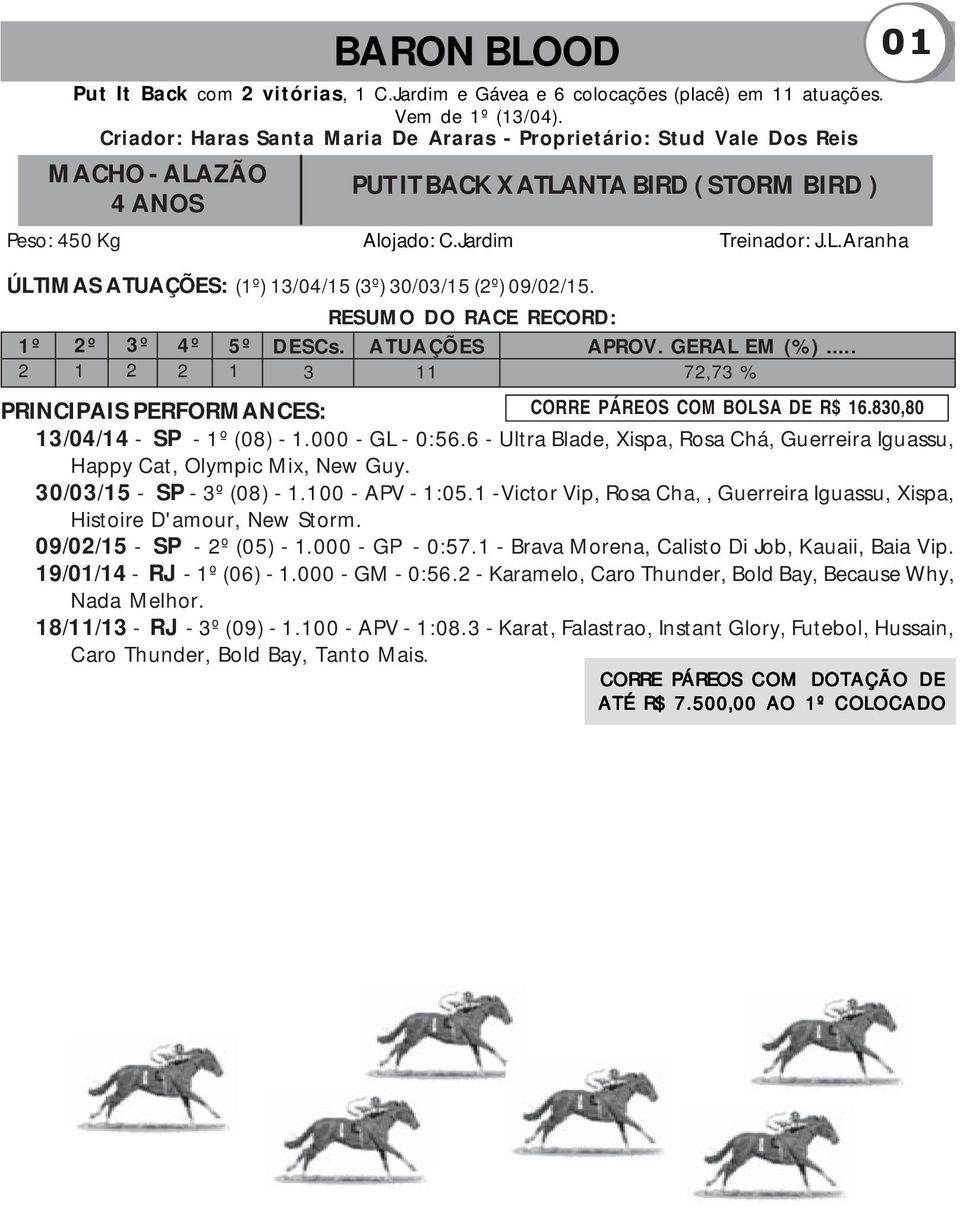 RESUMO DO RACE RECORD: 1º 2º 3º 4º 5º DESCs. ATUAÇÕES APROV. GERAL EM (%)... 2 1 2 2 1 3 11 72,73 % 01 PRINCIPAIS PERFORMANCES: CORRE PÁREOS COM BOLSA DE R$ 16.830,80 13/04/14 - SP - 1º (08) - 1.