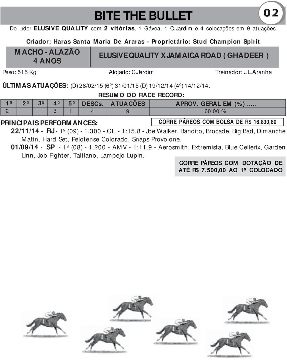 RESUMO DO RACE RECORD: 1º 2º 3º 4º 5º DESCs. ATUAÇÕES APROV. GERAL EM (%)... 2 3 1 4 9 60,00 % 02 PRINCIPAIS PERFORMANCES: CORRE PÁREOS COM BOLSA DE R$ 16.830,80 22/11/14 - RJ - 1º (09) - 1.