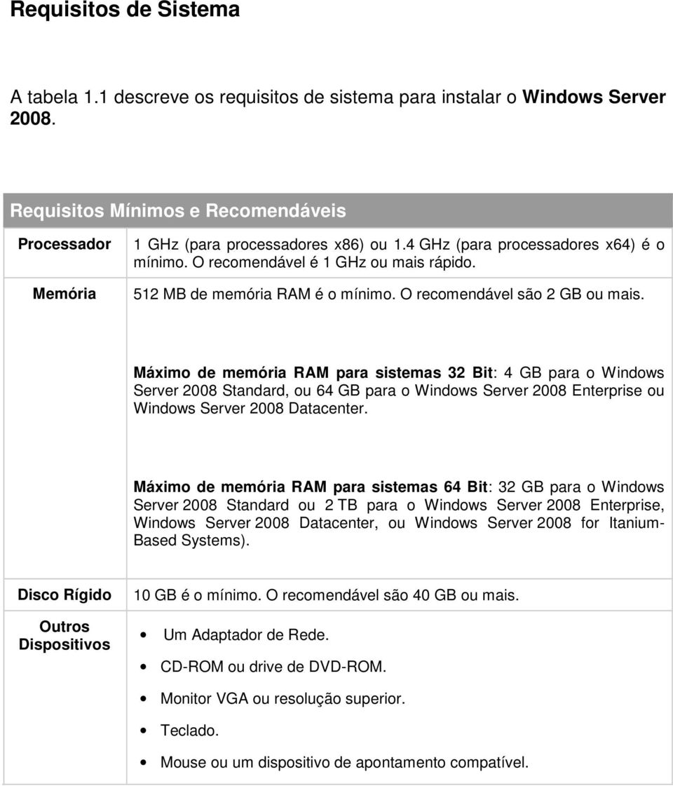 Máximo de memória RAM para sistemas 32 Bit: 4 GB para o Windows Server 2008 Standard, ou 64 GB para o Windows Server 2008 Enterprise ou Windows Server 2008 Datacenter.