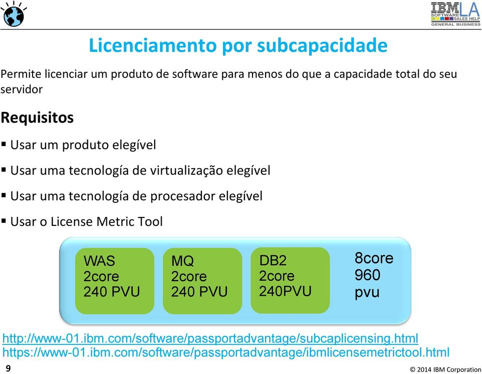 procesador elegível Usar o License Metric Tool WAS 2core 240 PVU MQ 2core 240 PVU DB2 2core 240PVU 8core 960 pvu