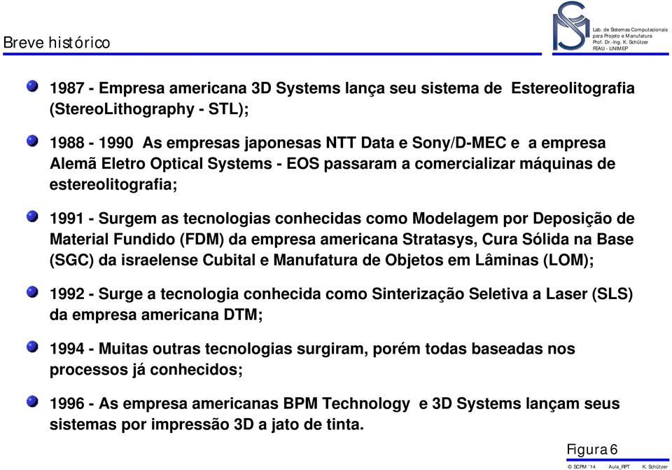 Stratasys, Cura Sólida na Base (SGC) da israelense Cubital e Manufatura de Objetos em Lâminas (LOM); 1992 - Surge a tecnologia conhecida como Sinterização Seletiva a Laser (SLS) da empresa americana