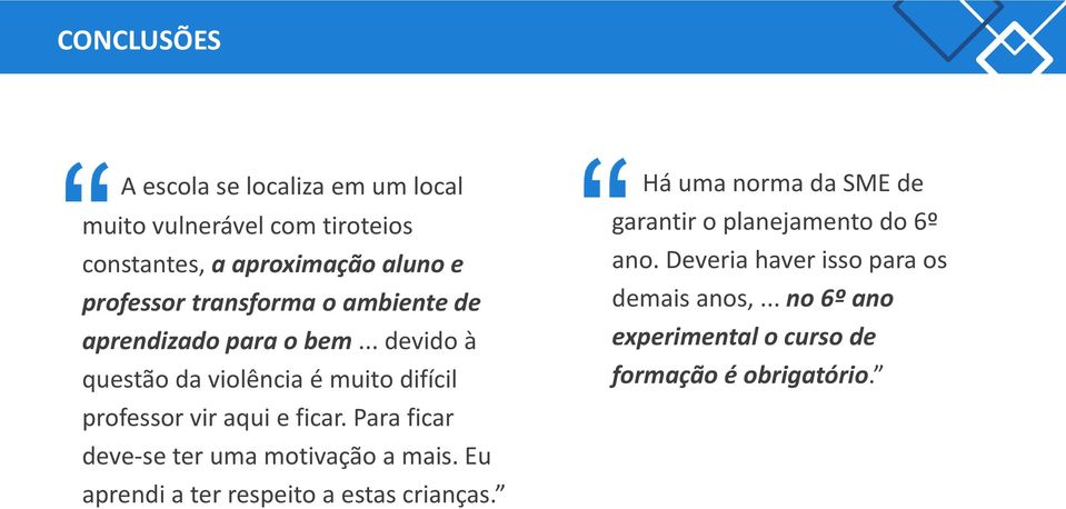 Para ficar deve-se ter uma motivação a mais. Eu aprendi a ter respeito a estas crianças.