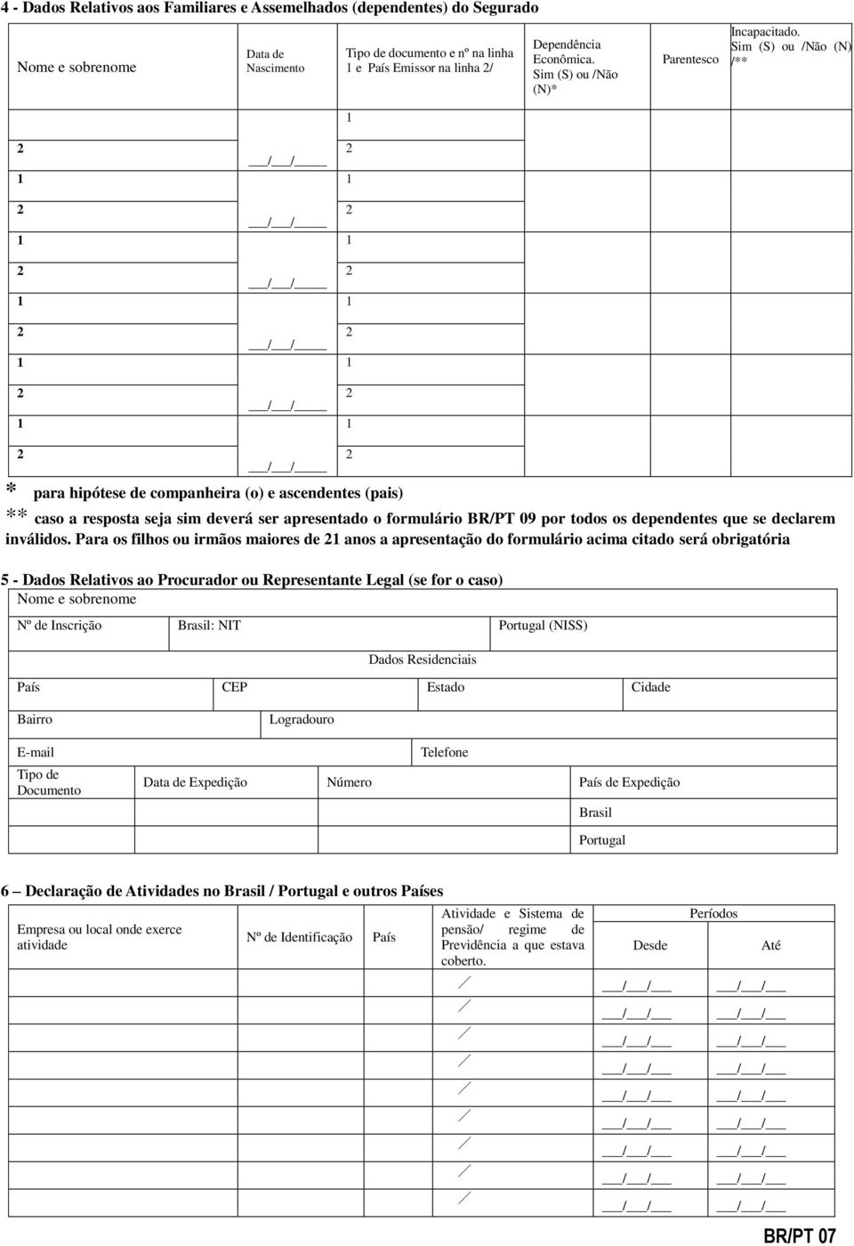 Sim (S) ou Não (N) ** * para hipótese de companheira (o) e ascendentes (pais) ** caso a resposta seja sim deverá ser apresentado o formulário BRPT 09 por todos os dependentes que se declarem