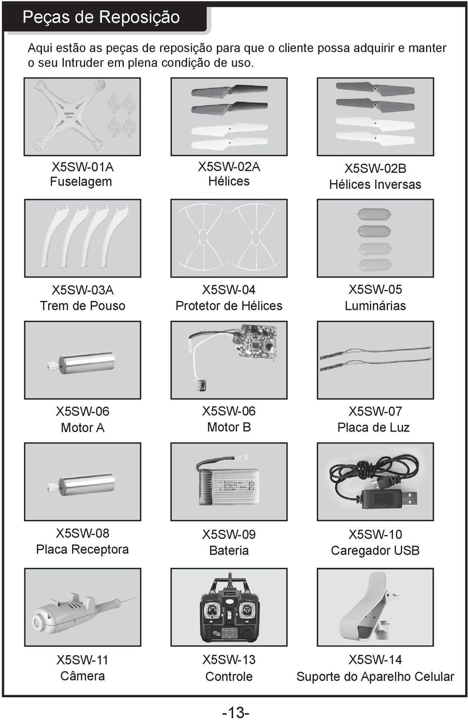 X5SW-01A Fuselagem X5SW-02A Hélices X5SW-02B Hélices Inversas X5SW-03A Trem de Pouso X5SW-04 Protetor de Hélices