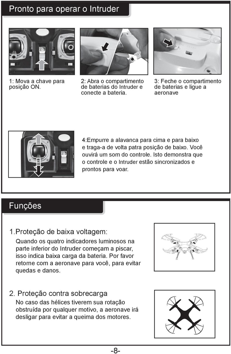 Isto demonstra que o controle e o Intruder estão sincronizados e prontos para voar. Funções 1.