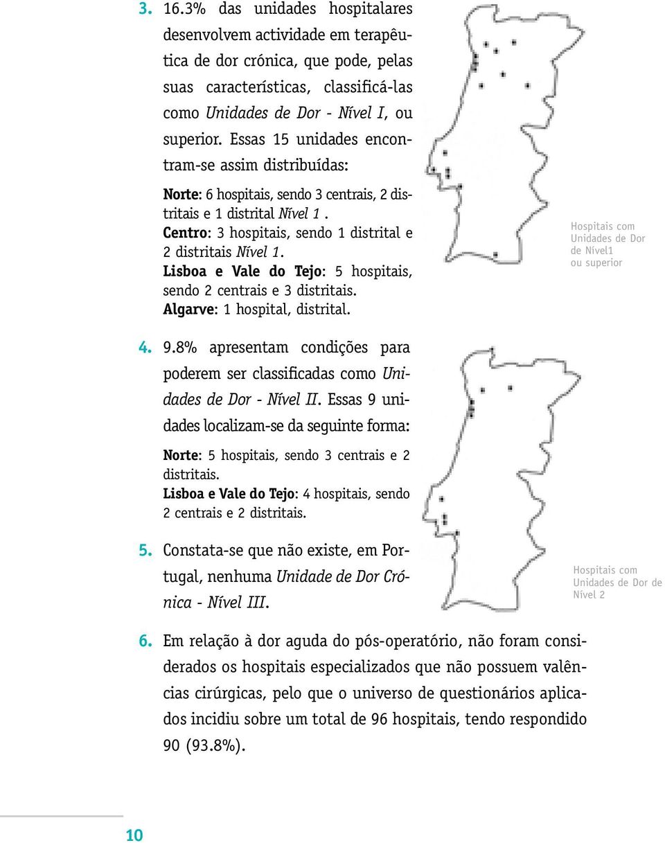 Lisboa e Vale do Tejo: 5 hospitais, sendo 2 centrais e 3 distritais. Algarve: 1 hospital, distrital. Hospitais com Unidades de Dor de Nível1 ou superior 4. 9.